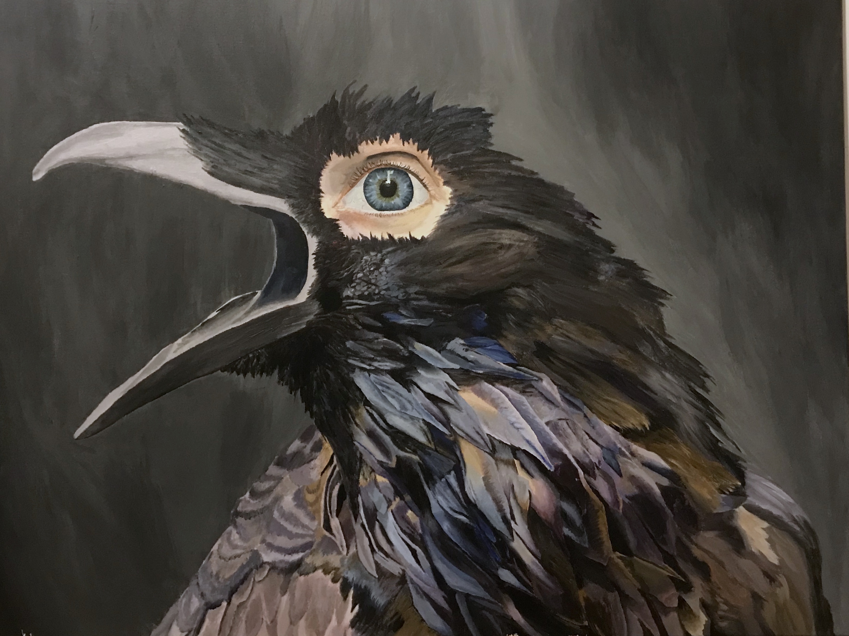 painting of a crow/raven with a human eye